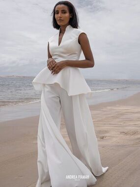 Andrea Iyamah White Peplum Wide-Leg Jumpsuit